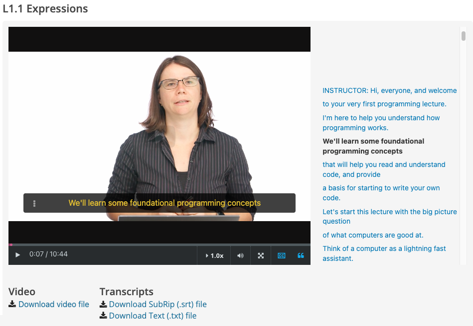 An example screenshot of the MIT Learn Video Player, showing both the closed captions and real-time transcript features enabled, as well as the "Video" section, with its "Download video file" link, and the "Transcripts" section, with its "Download SubRip (.srt) file" and "Download Text (.txt) file" links