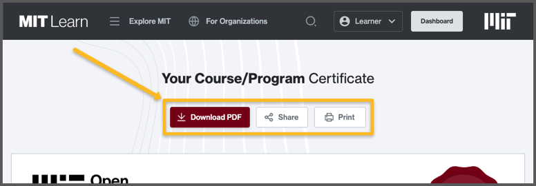 A screenshot of the MIT Learn Certificate Page, showing the "Download PDF", "Share", and "Print" function buttons, indicated by an arrow.